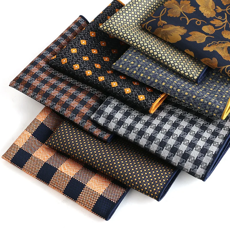 High Brand Silk Kandkerchief Men Orange Yellow Dot Plaid Pocket Square Fit Formal Party Pocket Square Handkerchiefs Suit Hanky