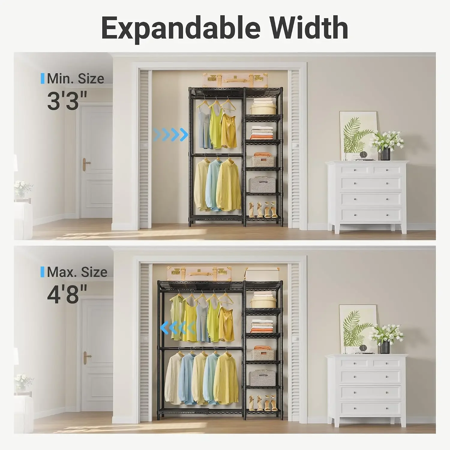 Expandable Adjustable Reach-in Storage Organizer, Portable Open Walk-in Garment Rack System Extending 3'3