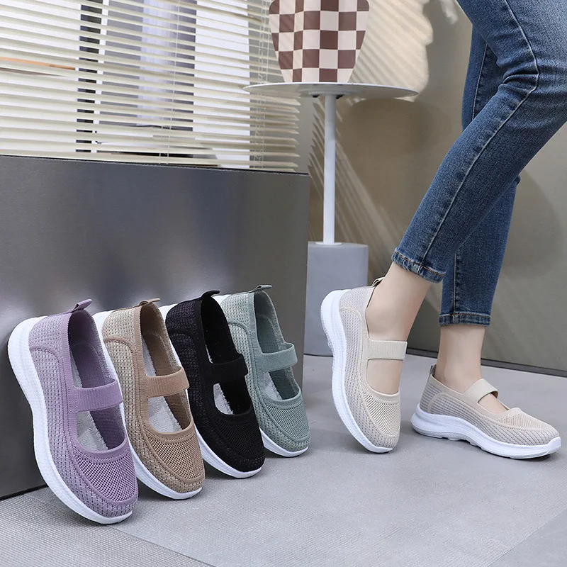 Sepatu wanita musim panas fashion mesh bernapas sepatu kasual berjalan anti-selip tebal bersol sepatu datar Le Fu sepatu