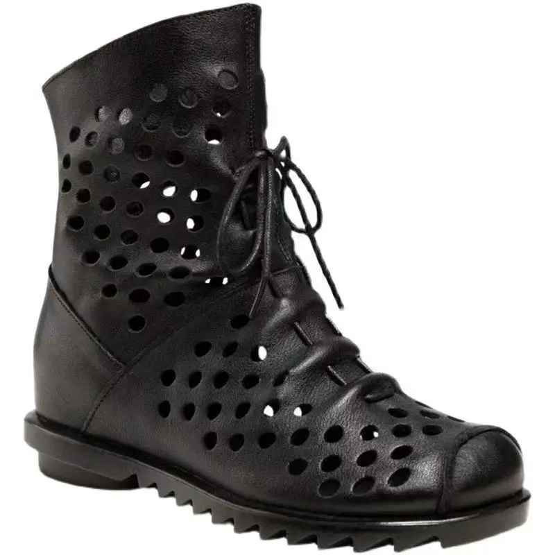 

Women Leather Hollow Out Ankle Boots Soft Sole Non Slip Round Toe Spring Summer Increased Internal Lace Up Cool Boots Cave Shoes
