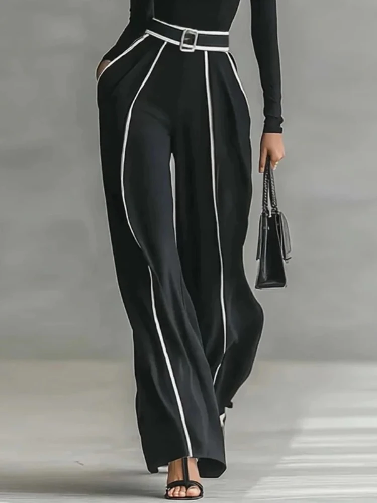 Freeacy Women Black White Contrast Piping Wide Leg Pants High Waist Pleated Trousers 2026 Loose Floor Length Casual Pants view 2