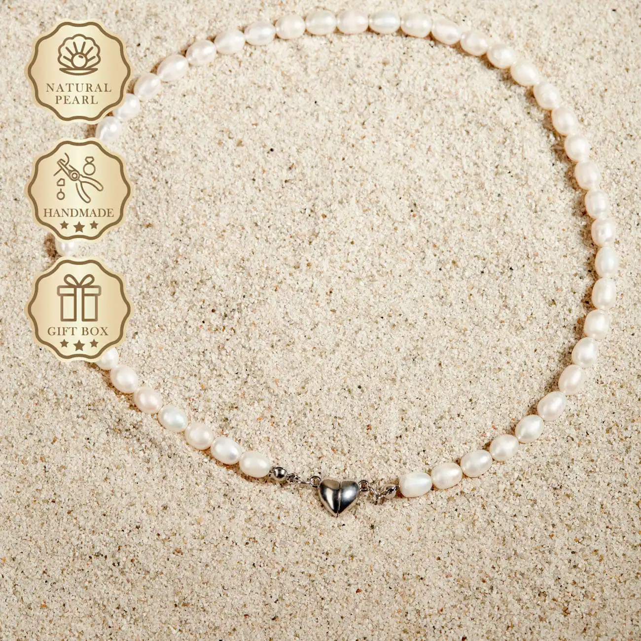 

MYSOYA White Rice Freshwater Pearl Necklace 6–7mm with Silver Heart Clasp, Gift Box, Ideal Birthday & Anniversary Gift