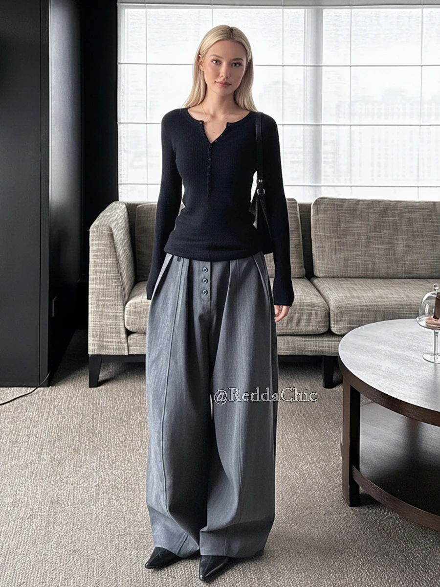 REDDACHiC Pantaloni da abito unisex con bottoni e tasche Pantaloni casual a gamba larga larghi a pieghe Pantaloni da lavoro eleganti da donna da uomo