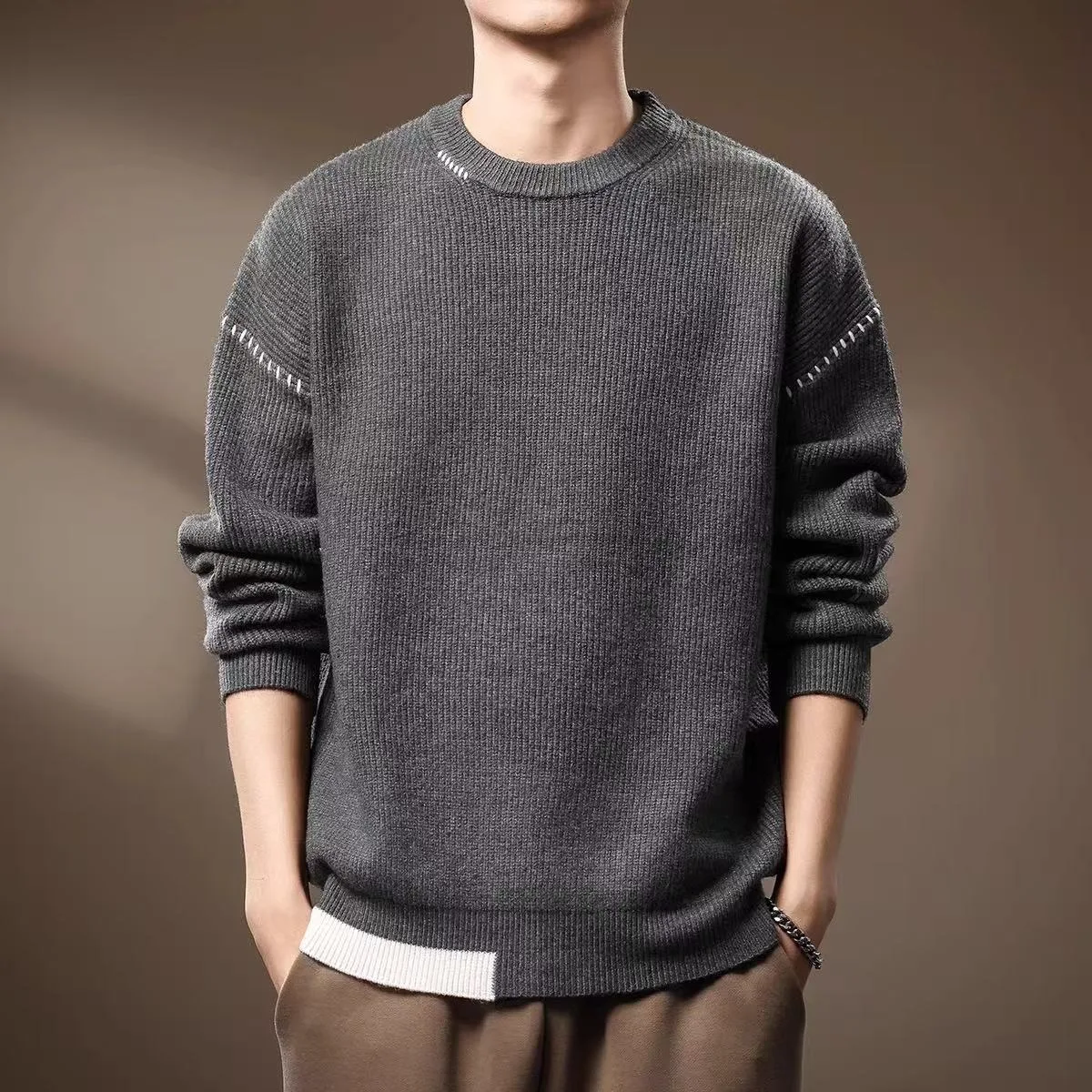 

High-End American Retro Men's Sweater Loose Base Layer Knitted irt Autumn Winter Casual Yarn irt Upper Apparel