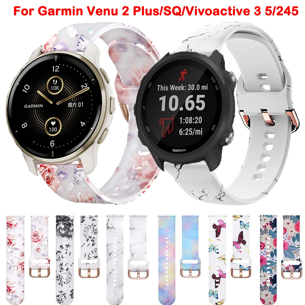 Floral Band For Garmin Venu 2 Plus/SQ 2/Vivoactive 3 5/Vivomove HR Flower Pattern 20mm Silicone Strap Garmin Forerunner 245 645