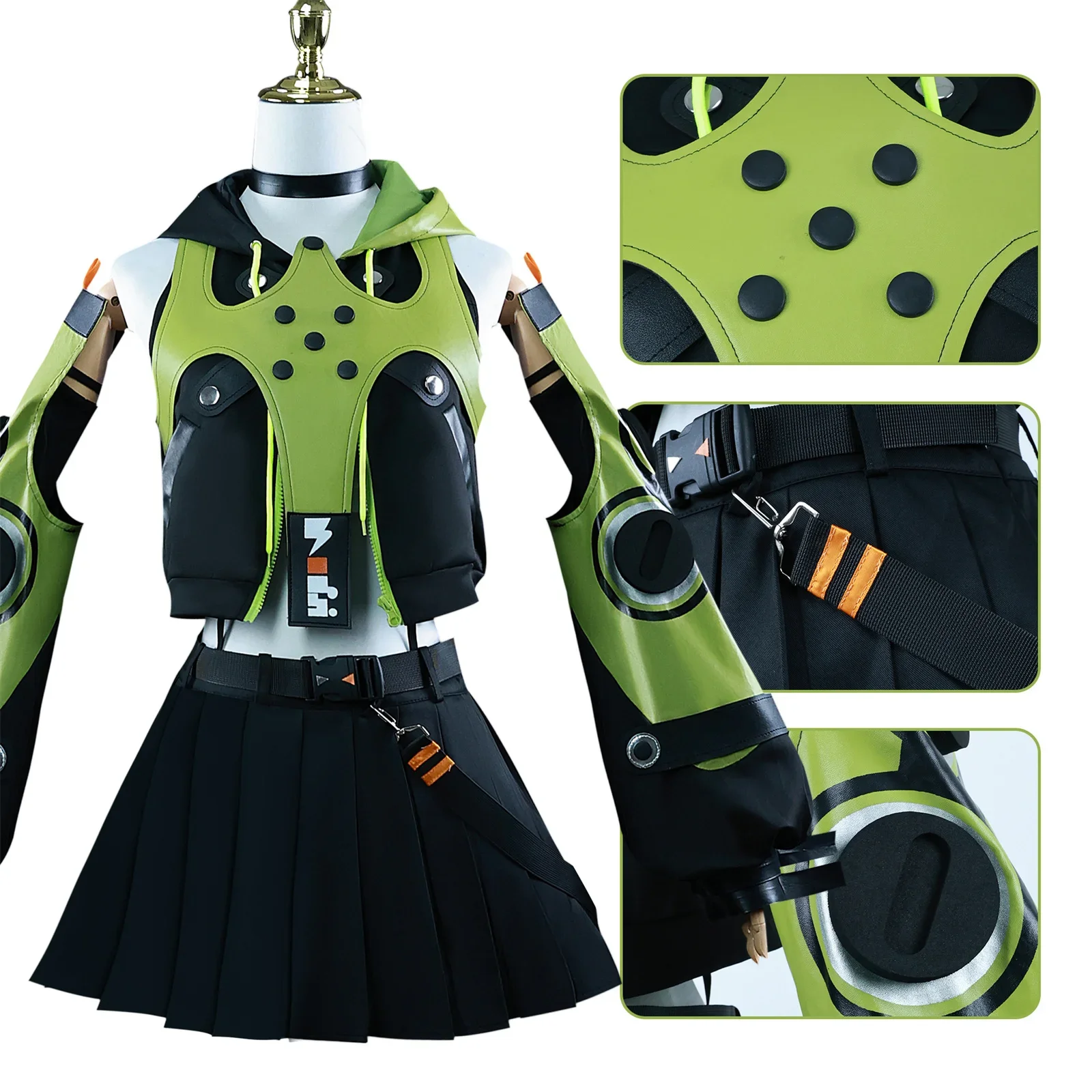 Costume de Cosplay Zenless Zone ontariAnby pour Femme, Sweat à Capuche Vert, Veste à Manches Évasées, Jupe Plissée, Accessoires Leggings, Adulte