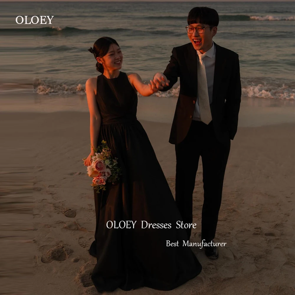 

OLOEY O-Neck Simple Black Korea Evening Dresses Wedding Photoshoot Floor Length Beach Formal Party Dress Night Event Gowns