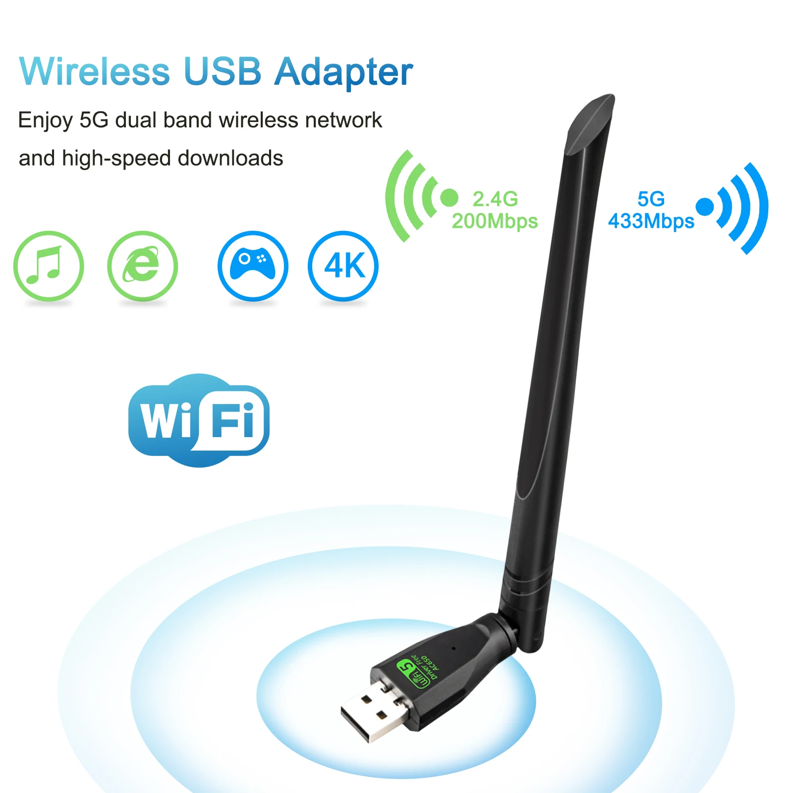 Adattatore WiFi USB, adattatore di rete Wireless Dual Band AC650Mbps per PC, supporta Windows XP/7/8/10/11/Linux/Mac os 10.9-10.15