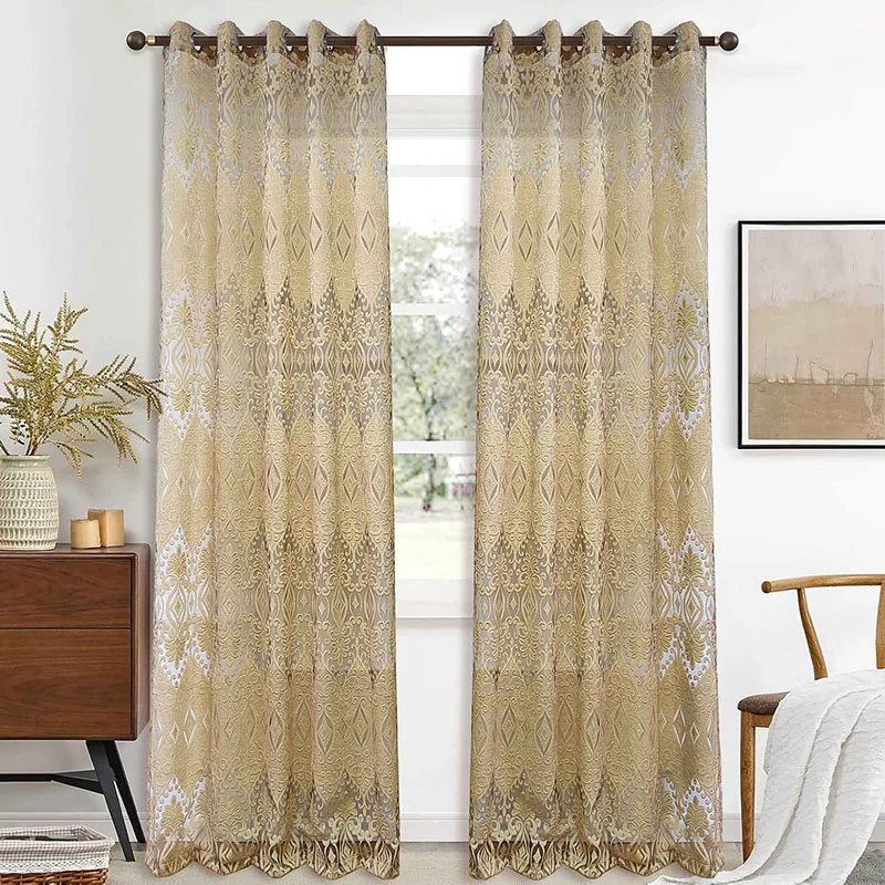 

1 Pair European Light Luxury Bronzing Design Dark Gold Jacquard Sheer Tulle Curtain Grommet Top For Living Room and Bedroom