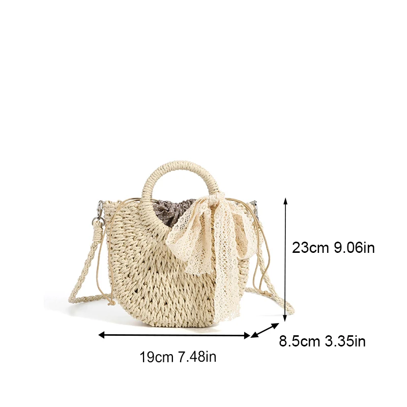 Summer New Simple Handheld Straw Woven Bag Women\'s Personalized Solid Color Half Round Shoulder Crossbody Travel Vacation Bag