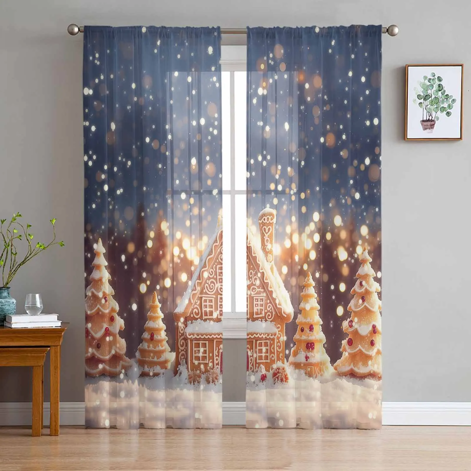 Christmas Candy, Winter Gingerbread Curtains For Living Room Bedroom Home Decoration Window Voile Tulle Curtain Drapes