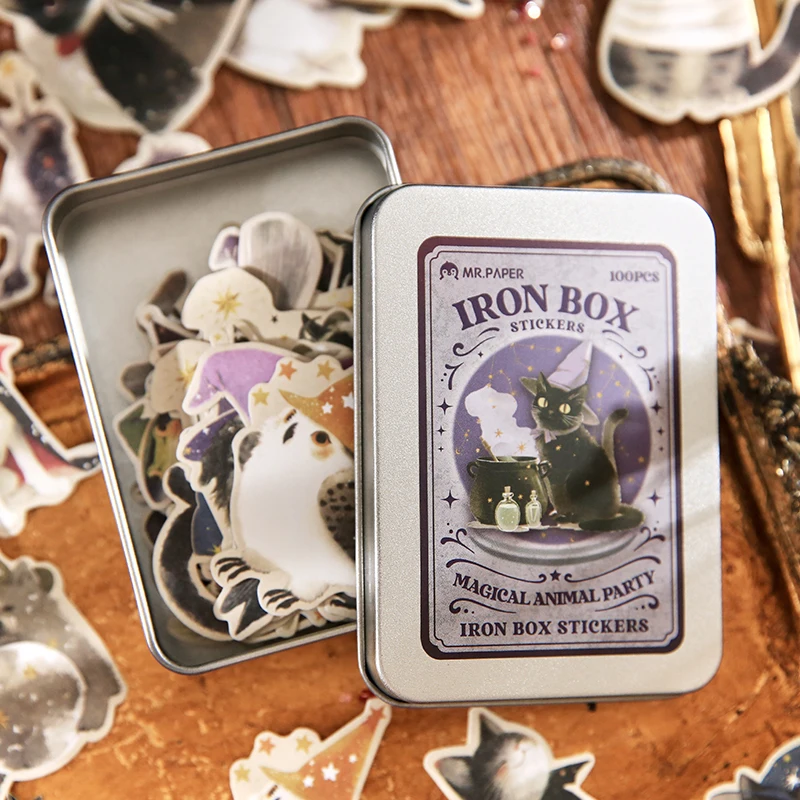 100pcs Magic Animal Party Series Tin Box Stickers Handbook Material Stickers DIY Scrapbook Picture Book Diary Notebook Tablet Ph