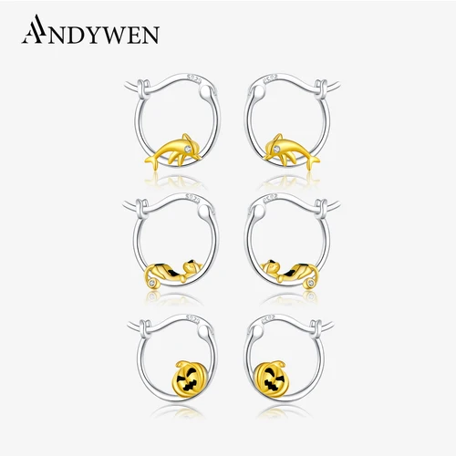 ANDYWEN 925 Sterling Silver Double Color Plating Pumpkin Cat Dolphin CZ Zircon Hoop Earring Series Women Cute Fine Jewelry Gift 