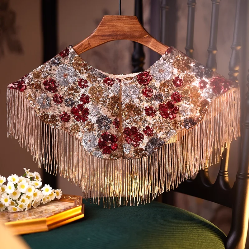 

Sparkling Lace Short Round Neck Small Jacket With Tassel Shawl