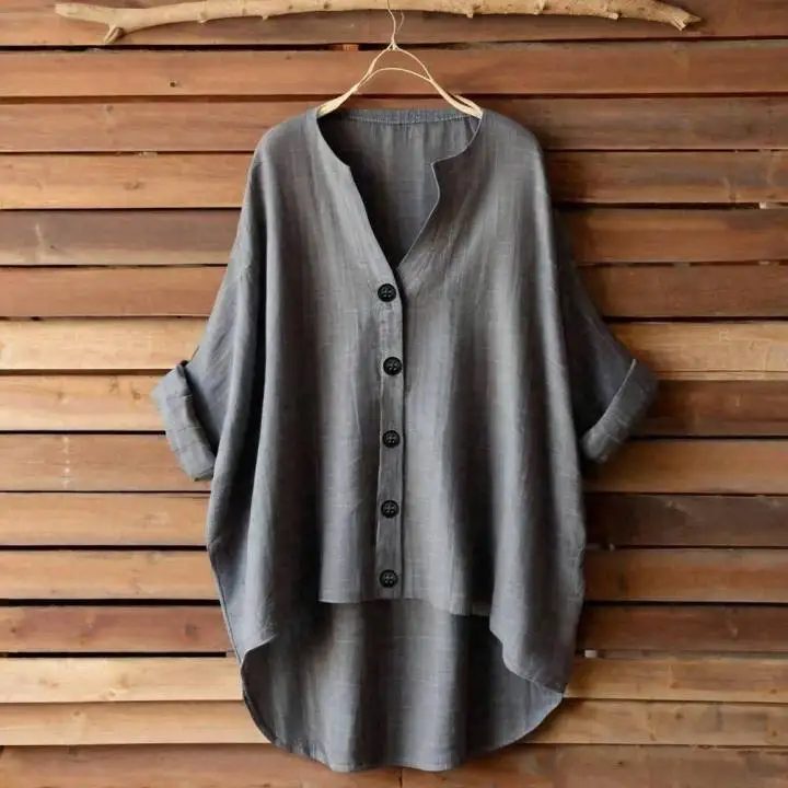 

2025 Spring New Round V-neck Folded Mid-sleeve Button-front Short-sleeved Long-back Top