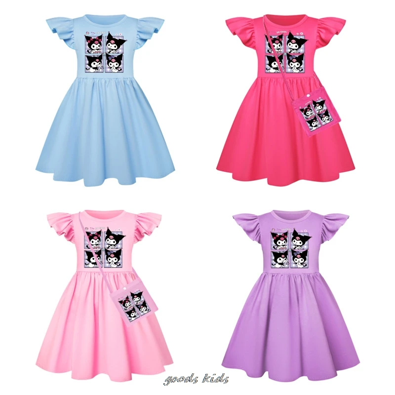 

Lovely Kuromi Melody Baby Girl Dresses Kids Clothes Cosplay Costume Children Fly Sleeve Casual Dress +Small Bag Birthday Gifts