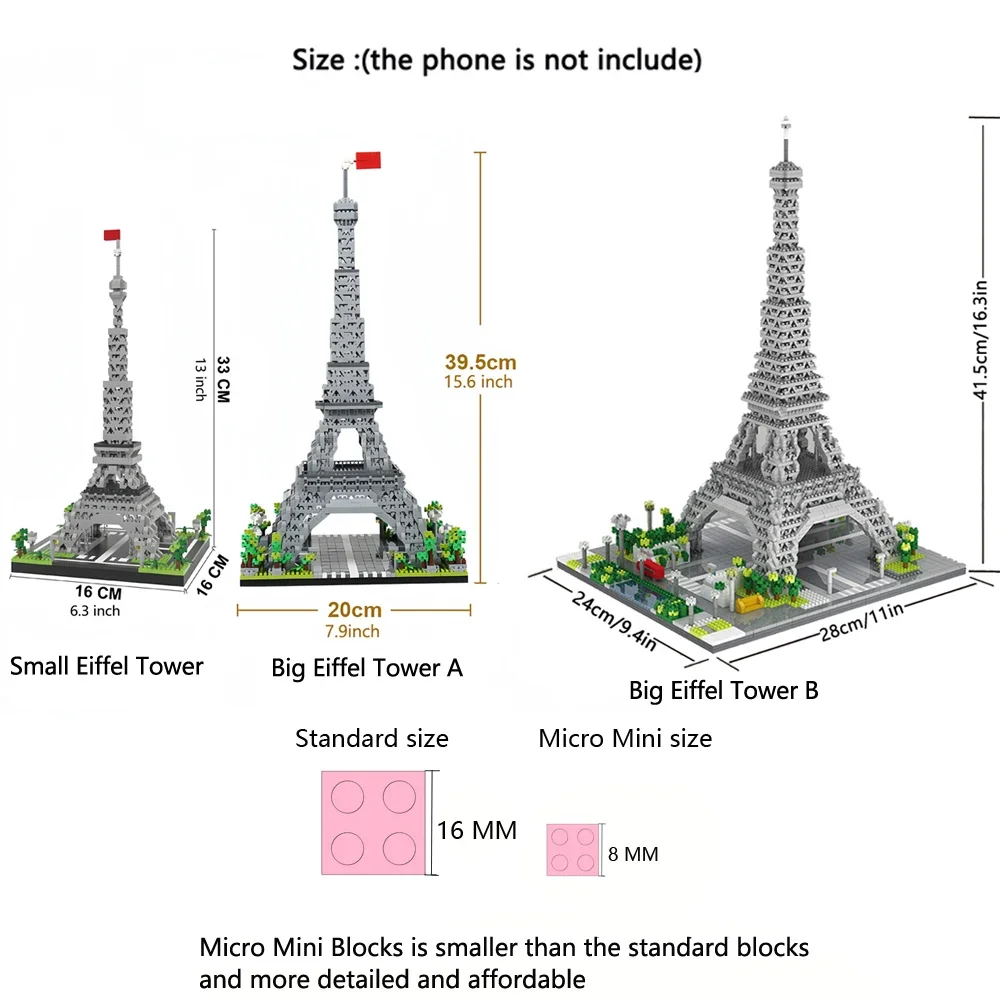 Knew Built 3 Size Choice Paris Eiffel Tower Micro Mini Building Blocks Toy France’s Pride Collectible Decoration and Gift-Worthy