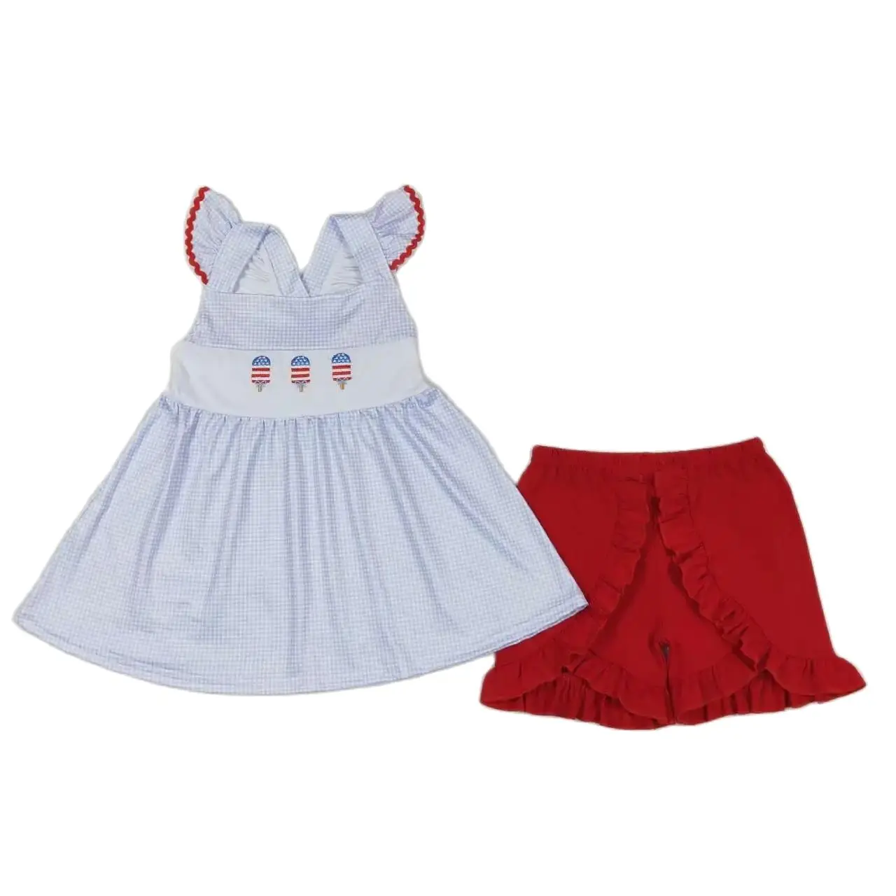 GSSO0798 Kids Girls Summer Outfit  Sets  Flying Sleeves Top  Embroidery Bow Ice Cream  Print  With  Shorts  Children Clothes