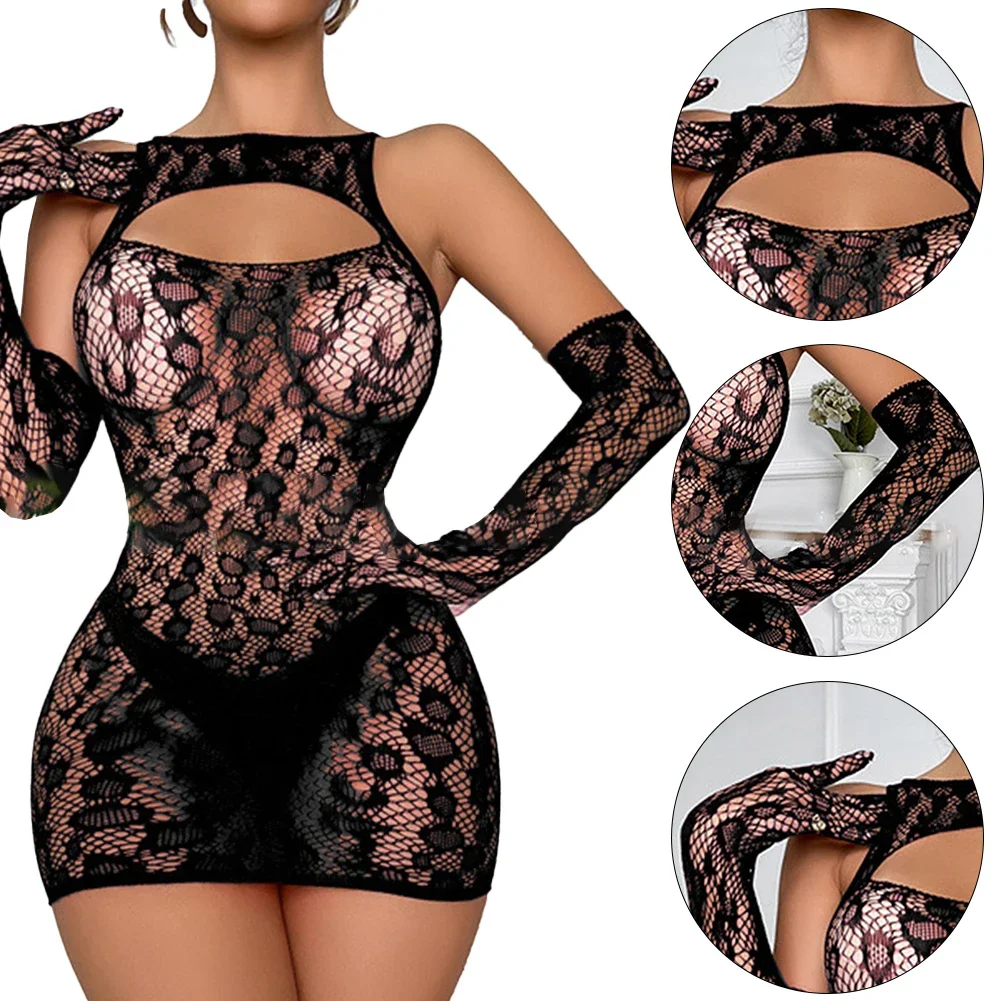 2pcs Women Sheer FishNet Mini Dress +Gloves Sexy Ladies Hollow Out Mesh Dress See Through Erotic Lingerie Sleepwear Nightdress