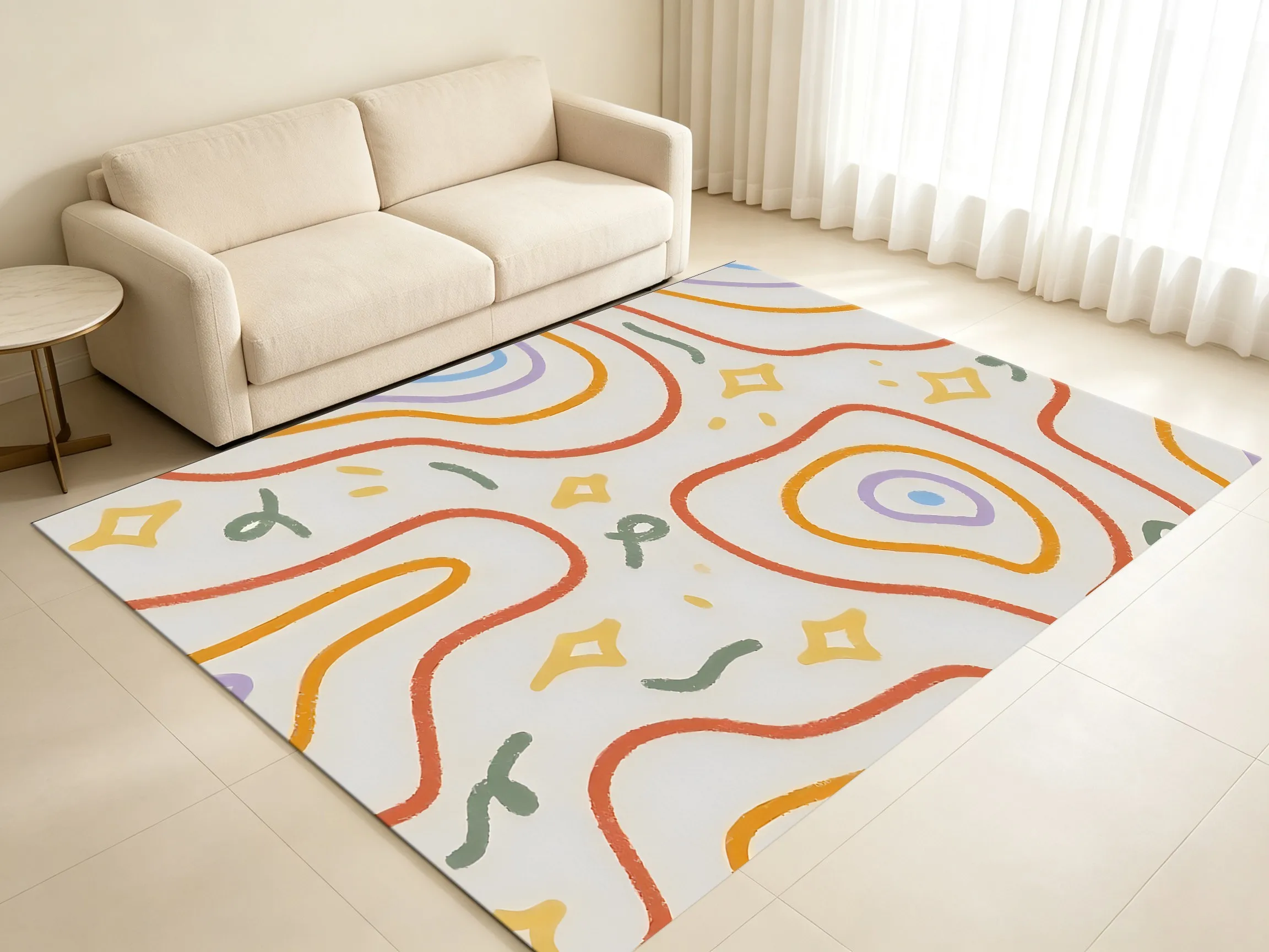 Colorful, Abstract, Curved, Starburst Graffiti, Dopamine-Infused, Childlike Velvet Rug Suitable for the New Year, Perfect for Living Room, Bedroom, Bedside, and Entryway, Creating a Lively, Soothing, and Relaxing Home Atmosphere