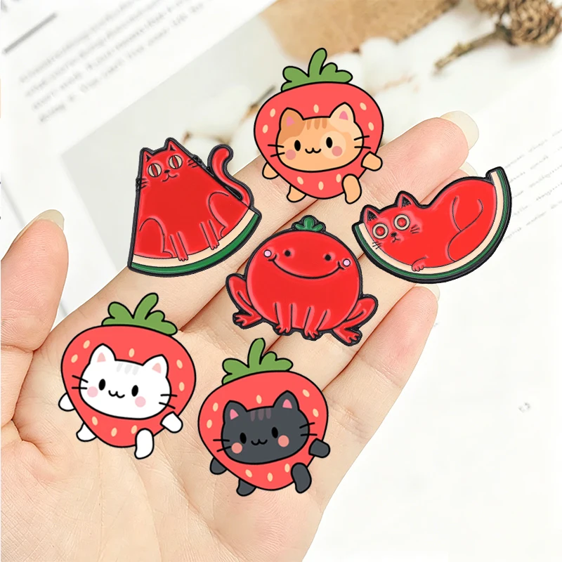 Cartoon Strawberry Cats Fruit Animal Enamel Pin Cute Watermelon Cat and Tomato Frog Brooch Lapel Badge Jewelry Gift for Friends