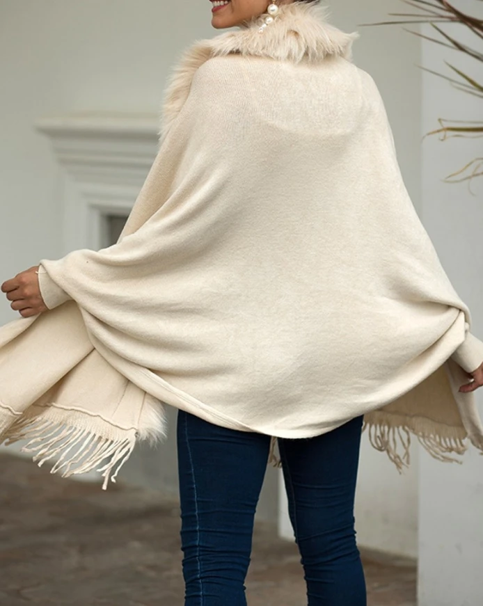 Thermal Warm Fluffy Trim Collar Wraps Knitted Tassel Design Cape Cardigan New Fashion Women's Casual Daily Loose Plain Cardigan