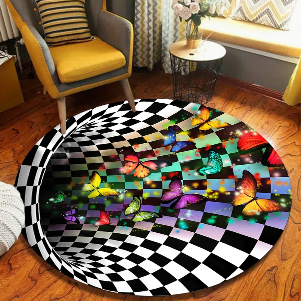 3D Twisted Stripes Visual Illusion Round Area Rug Black White Modern Art Floor Mat for Living Room Home Interior Decoration