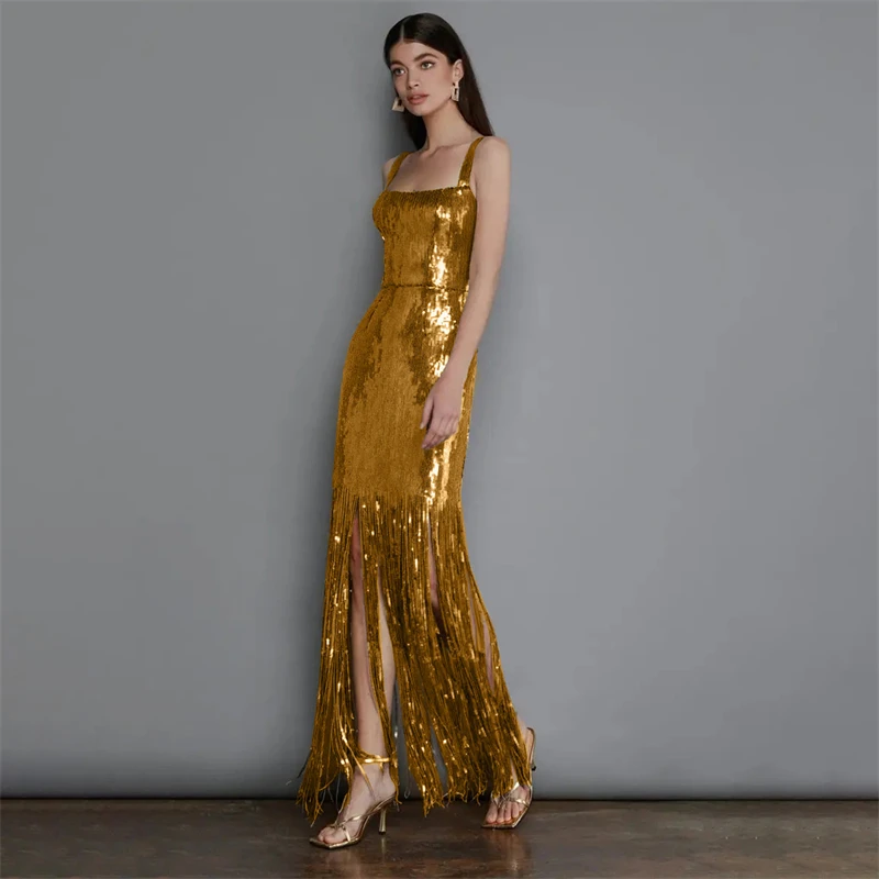 New Fashion Golden Tassel Splice Dress Sexy Sleeveless Strap Wrap Hip Dress Long Dress Spicy Girls' Summer Style 2024