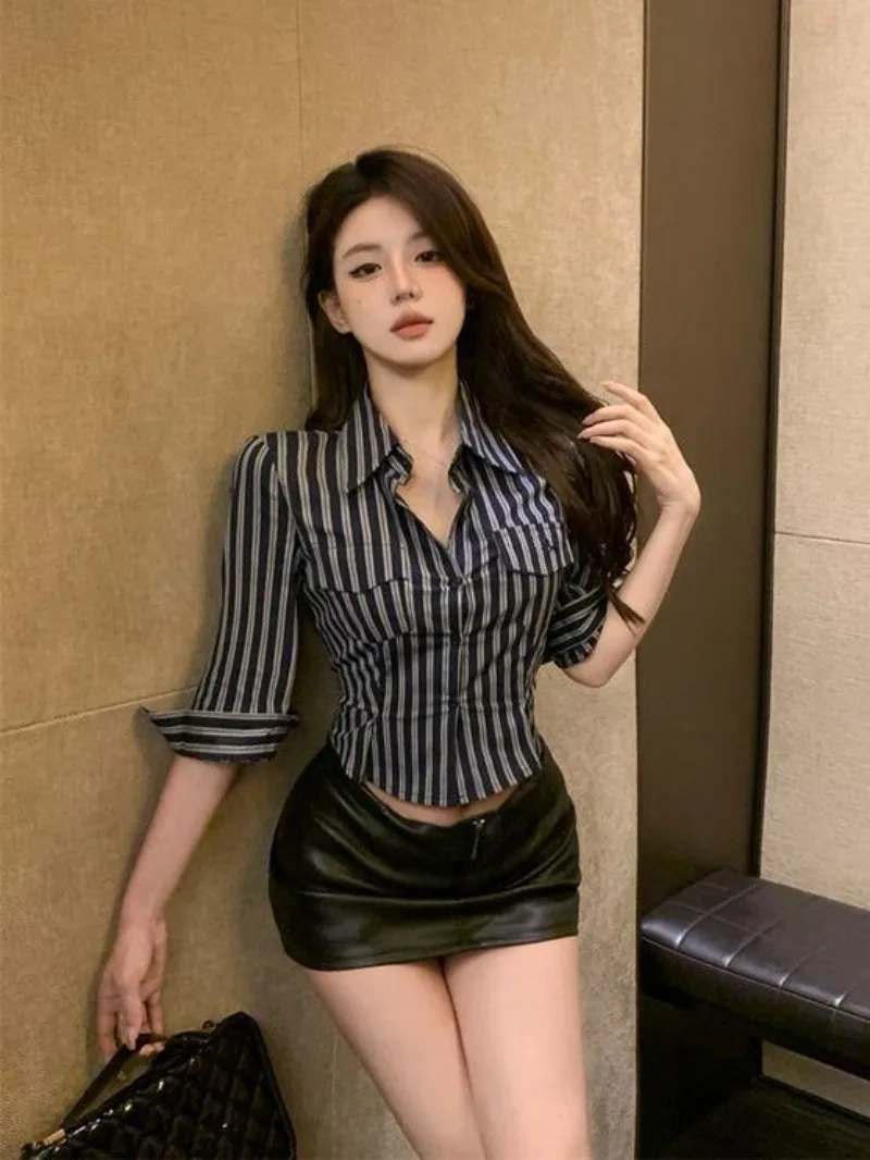 Waist Temperament Top Striped Shirts Blusas Mujer De Moda 2024 Slim Female Chemise Femme Vintage Blouse Summer Crop