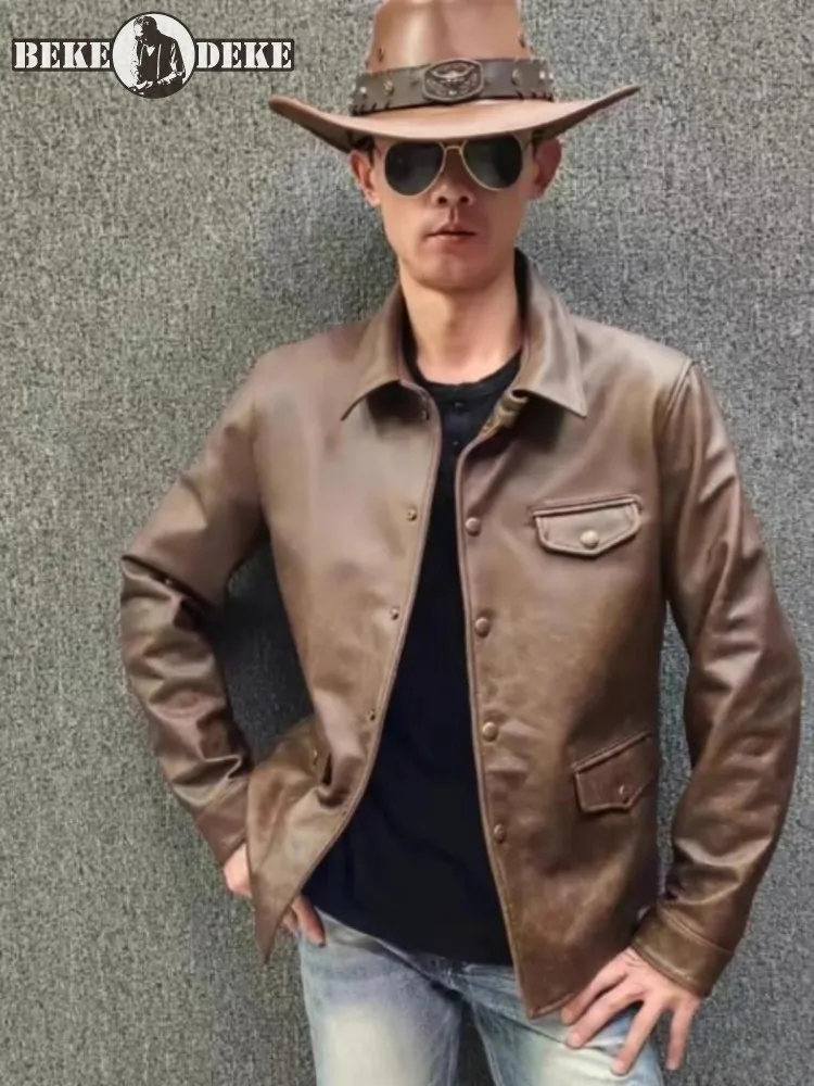 

Vintage Mens Slim Fit Single Breasted Cowhide Genuine Leather Jacket Business Casual Work Coat Autumn Motorcycle Biker Jackets