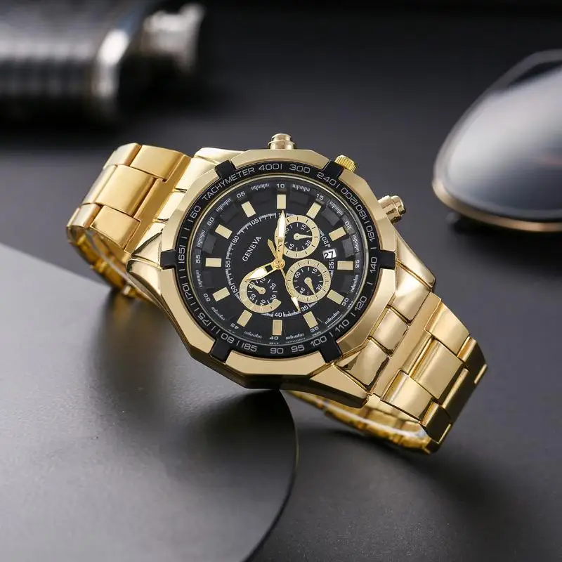 New men's waterproof watch steel band three eyes luminous bracelet set calendar sports quartz watch men's wristwatch