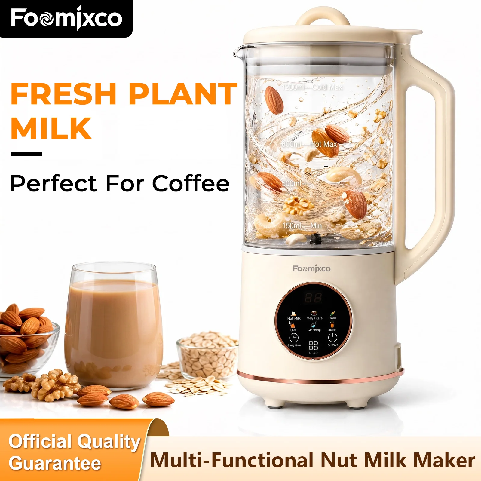 FOOMIXCO, macchina automatica per la preparazione di latte vegetale, con funzione di avvio ritardato (24 ore) e sistema di autopulizia, frullatore multifunzione per latte di soia, mandorle, avena,