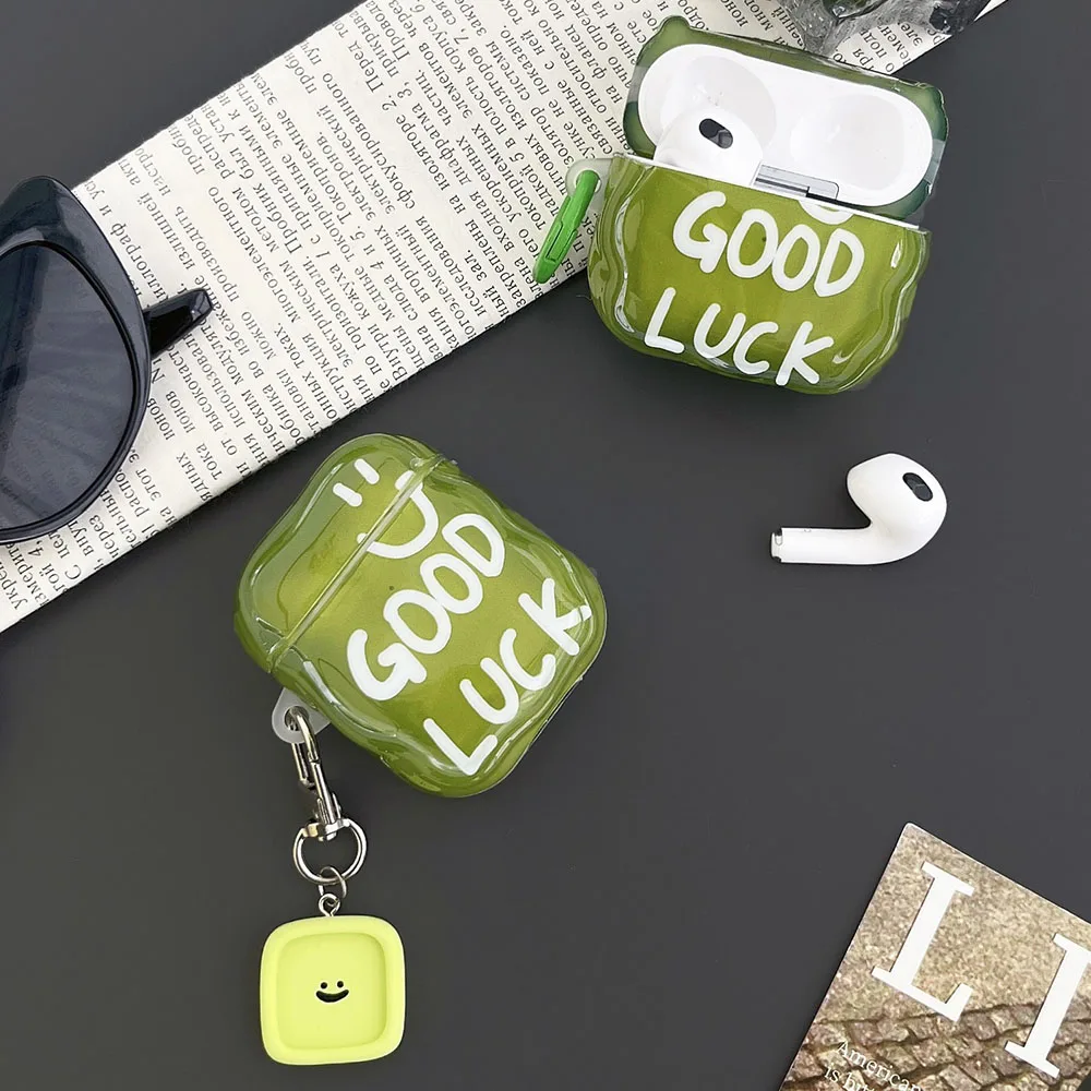 Funda para auriculares con letras en inglés verde INS para Apple Airpods Pro 2, cubierta con borde trenzado, colgante de sonrisa para Airpod 1, 2, 3, tercera generación
