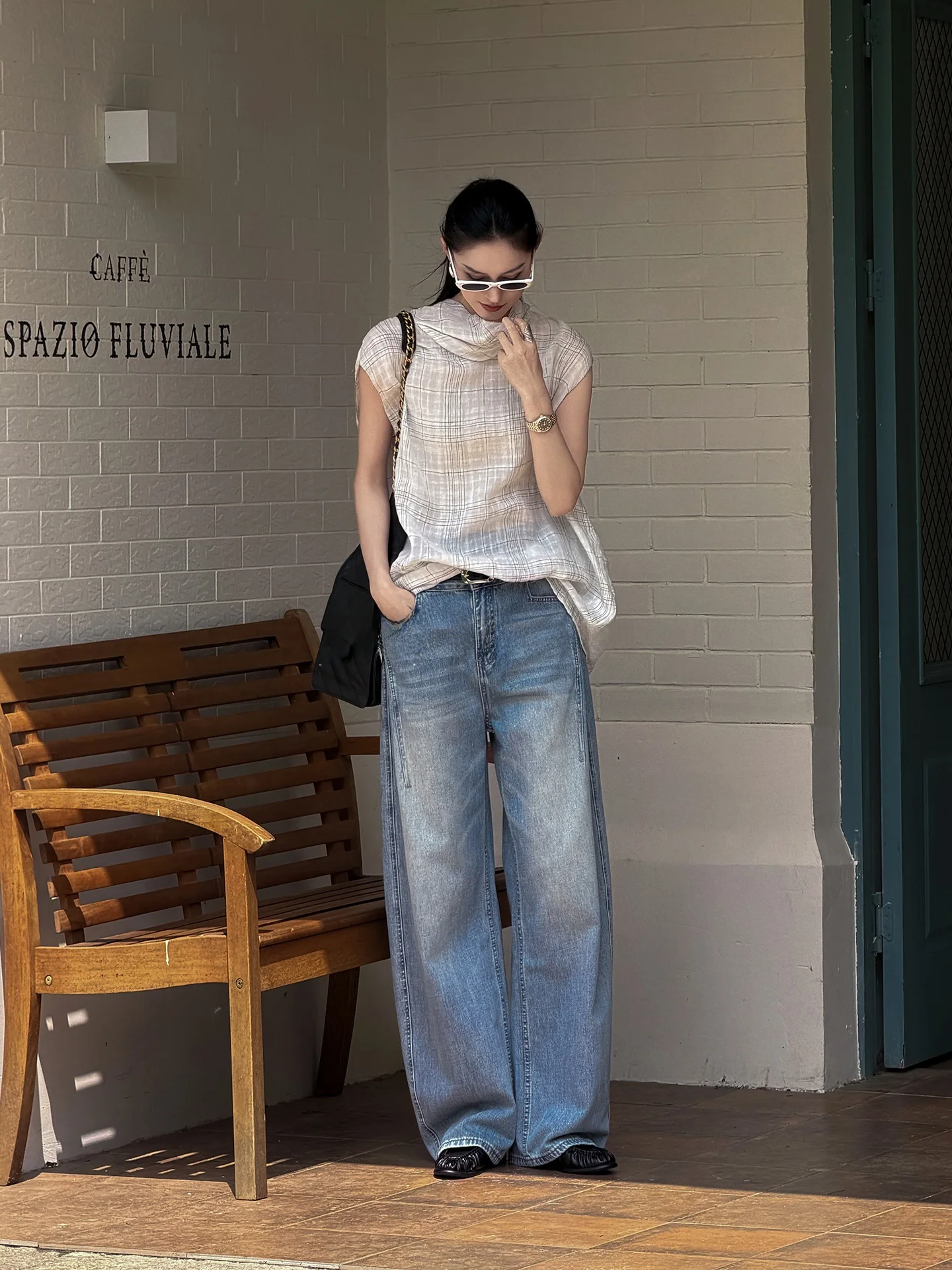 

Jieji Zhang Spring Cotton Loose Wide Leg Fashion Casual Pants Women Slimming Vintage Washed Blue Jeans High Waist Button Fly