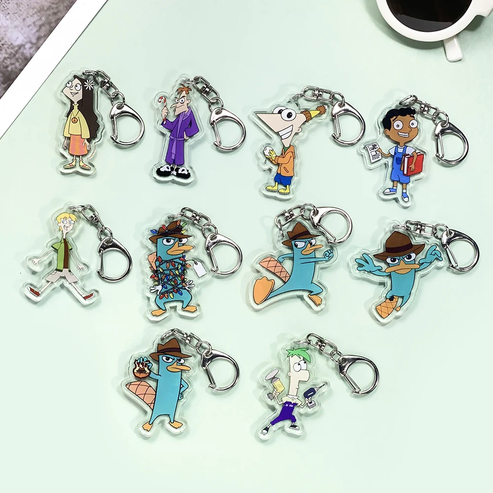 1/10 Peças Chaveiro Disney Desenho Animado Phineas e Ferb Acessórios Pingente de Acrílico para Decoração Divertida de Bolsas, Chaves e Mochilas