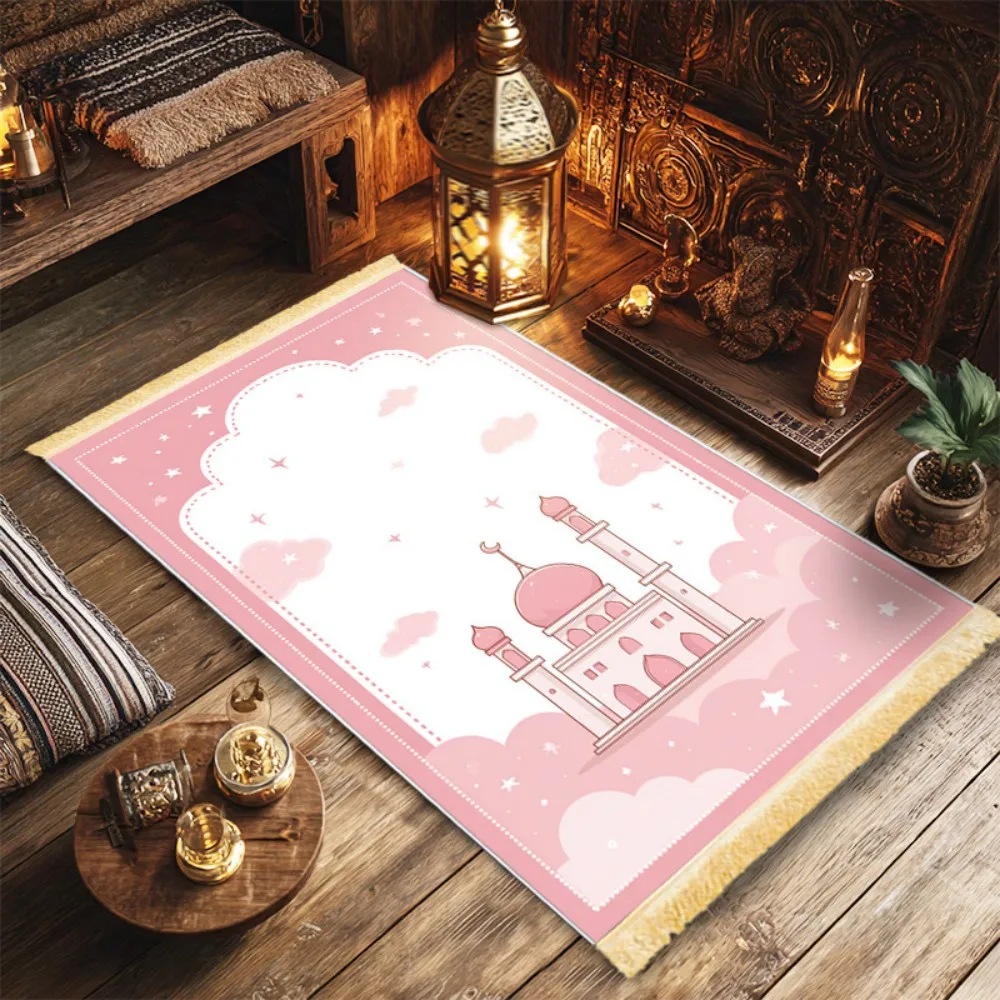VIKAMA Cute Pink Mosque Islamic Prayer Rug Polyester Portable Kids Muslim Salah Mat Ramadan Starry Cloud Home Decor Carpet