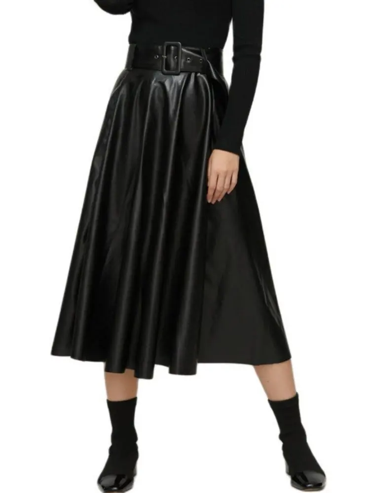 2023 New Women Autumn Winter PU Pleated Faux Leather Skirts Lady High Waist A-line Wine Red Maxi Long Black Skirt With Belt