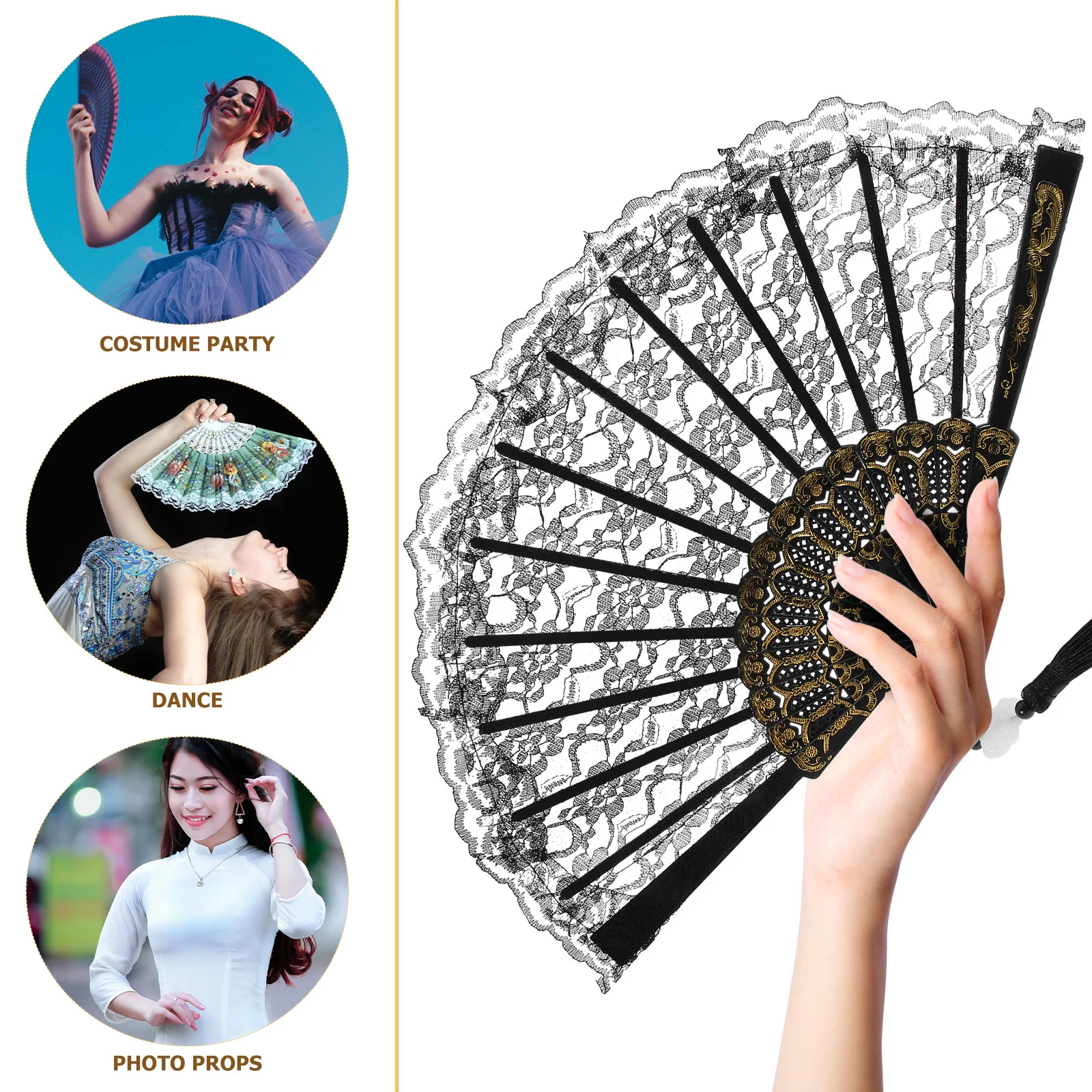 

Lace Folding Hand Fan Metal PP Material with Tassel Stylish Handheld Fan for Wedding Party Decoration Dancing Gift