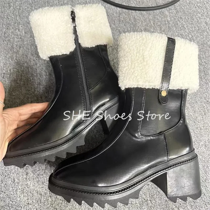 

Winter Warm Wool Splicing Leather Shoes Women Snow Boots Retro Round Toe Chunky Heel Knight Boots Ladies Casual Mid-Calf Boots