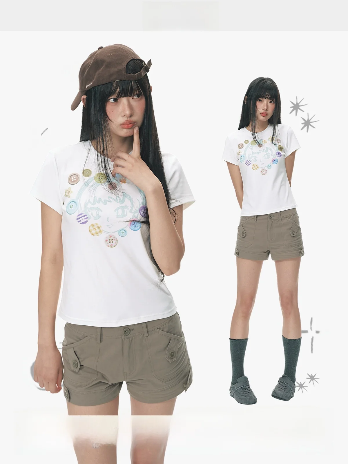 YUPH Original Button Portrait Print Slim Fit Short Sleeve T-Shirt Korean Style Cotton Polyester Blend Breathable Summer Top f...