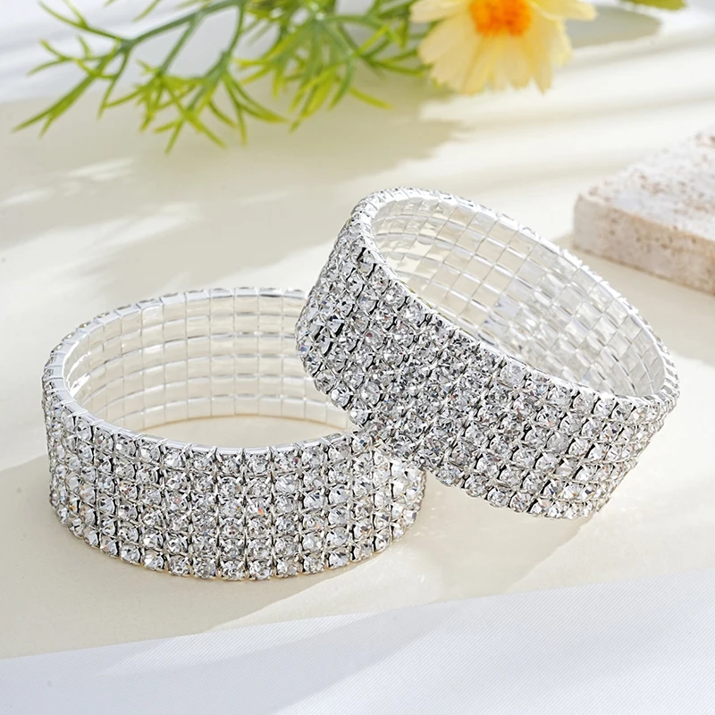 Klassisches mehrfach glänzendes Strass-Kristall-Stretch-Armband für Frauen und Mädchen, Braut, Hochzeit, elastisches Armband, Gold- und Silberfarbe – Detail 9