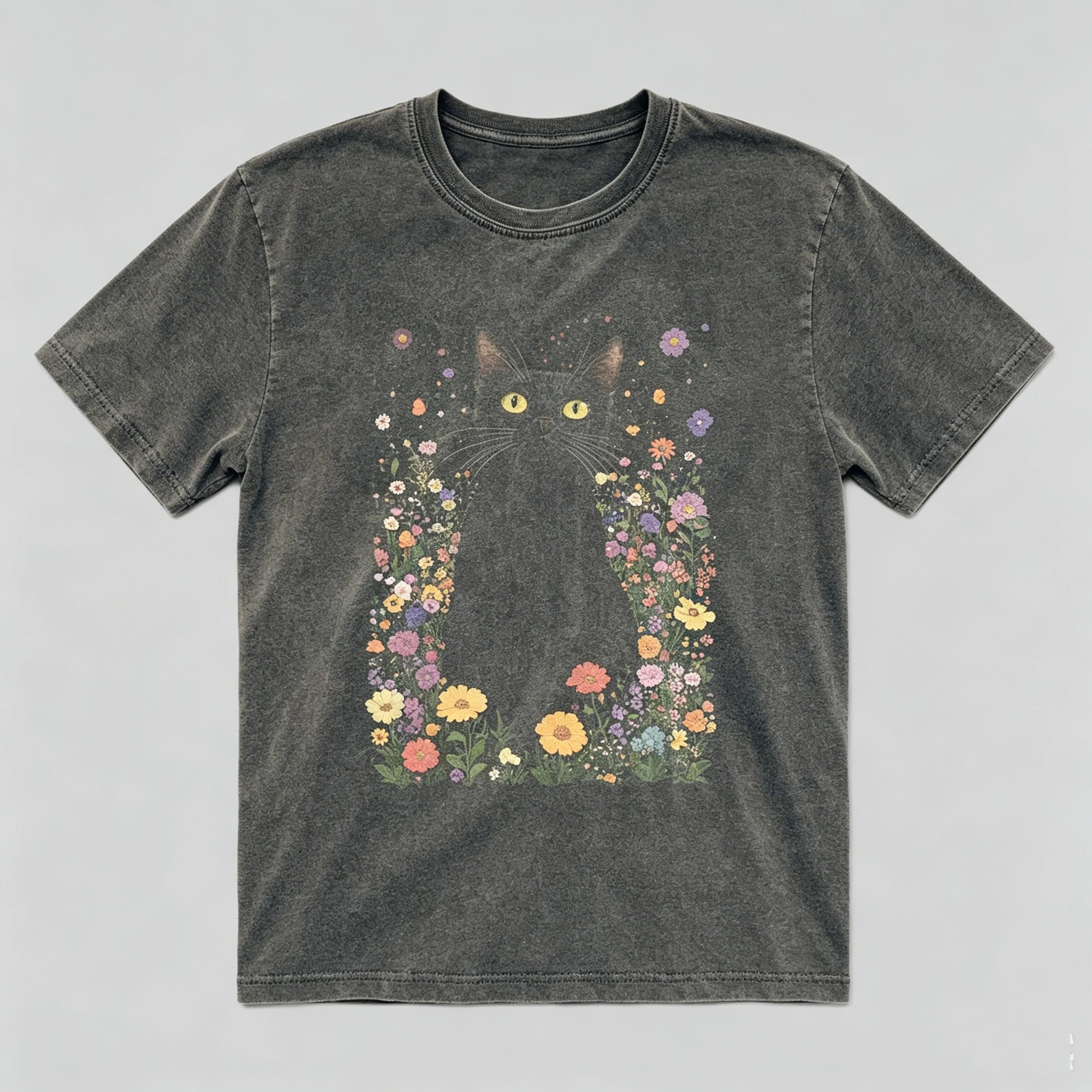 Custom Women Black Cat T Shirt Boho Flower Print Vintage Pure Cotton Short Sleeve Stylish Loose Daily Casual Top Gift