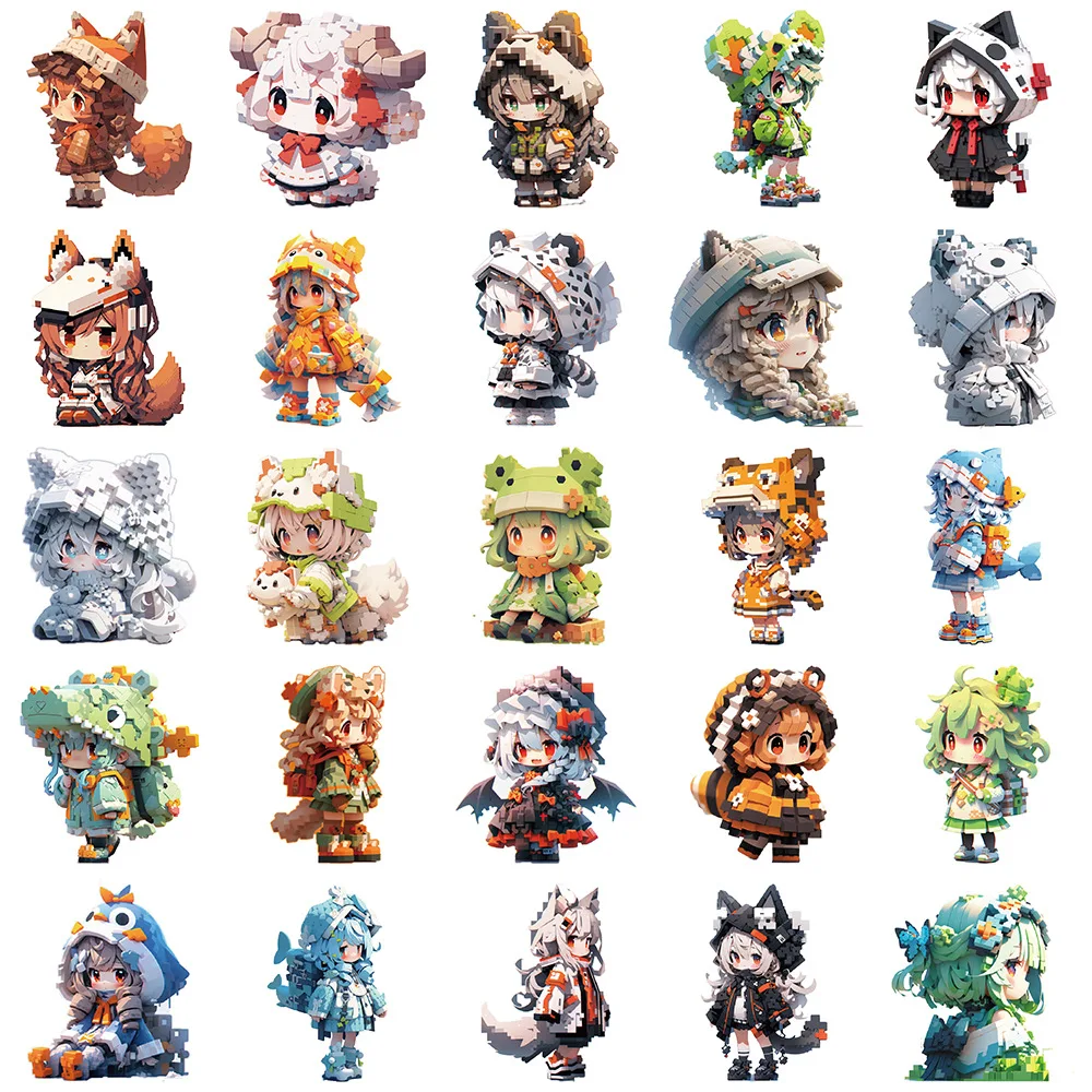 10/30/50Pcs Cartoon pixel style Q-version animal girl sticker For Suitcase Skateboard Laptop Luggage Phone Styling DIY Decal