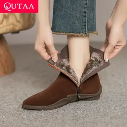 QUTAA 2025 News Women Ankle Boots Pointed Toe Kid Suede Snow Boots Warm Wool Short Tassel Winter Low Heel Shoes Size 34-40