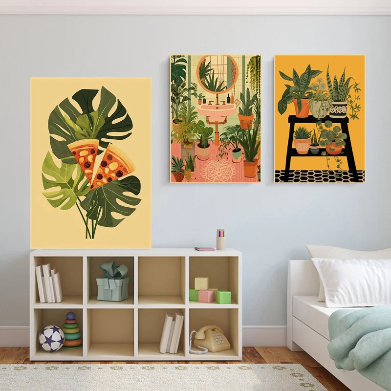 Botanical Art Prints Kraft Paper Retro Posters Flower Leaves Decorative Paintings Wall Art Prints Pictures for Room Bar Home