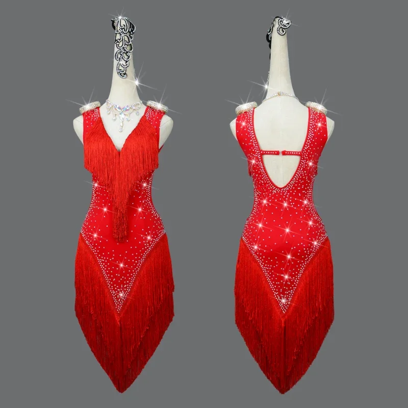 Vestido vermelho de dança latina para adultos e crianças, saia matador, saia dividida, trajes de competição, vestido performer, personalizar