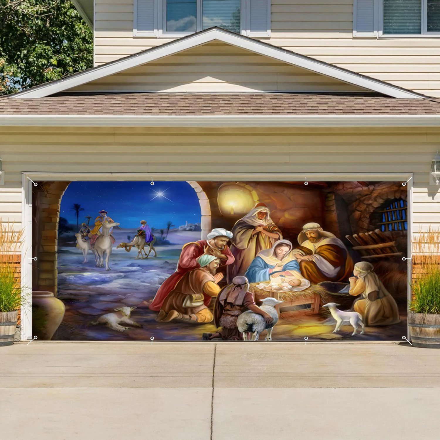 Christian Birth of Jesus Garage Wall Background Banner Holy Night Angel Nativity Scene Home Decor Garage Door Frame With Hooks