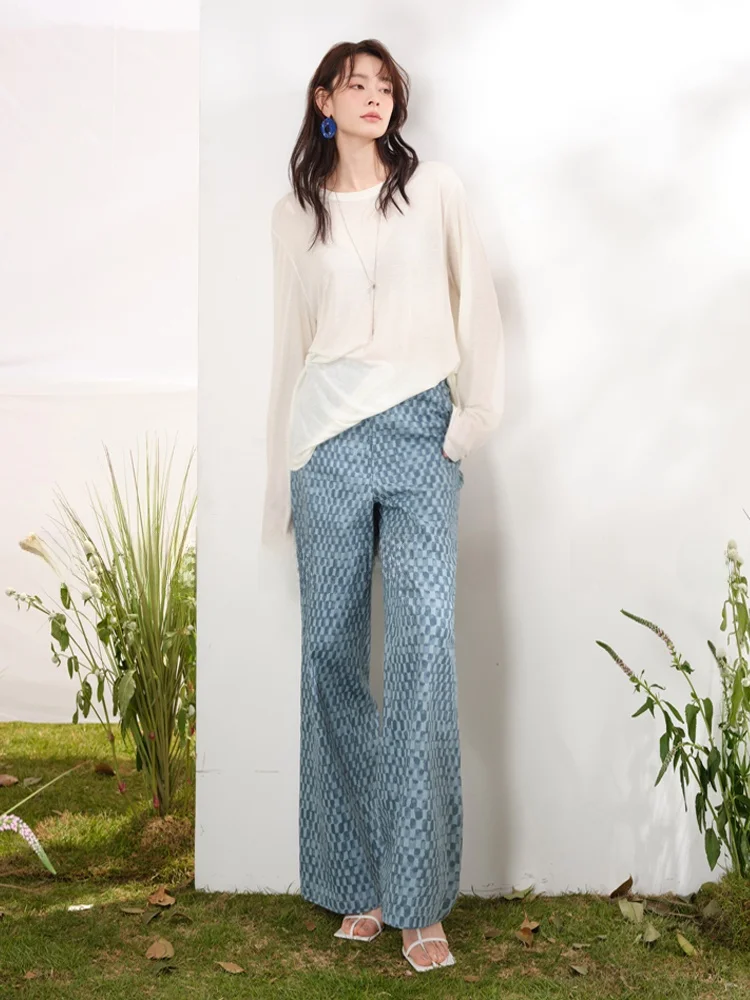 

Джинсы OWNSONG nt синие в клетку, неоновые, из хлопка, с высокой талией, свободные, прямые, широкие штанины, женские повседневные джинсы