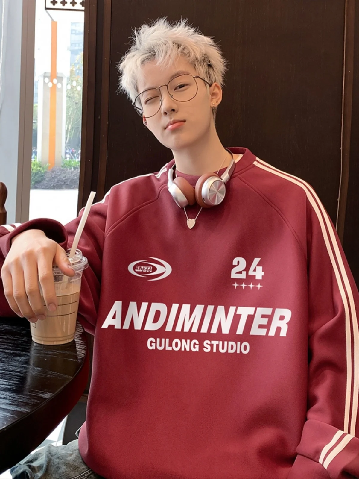 

Red Wine Color Heavyweight Hoodl Sweatirt Spring Autumn Sle round Ne Men's Youth Loose Fit Casual Comfortable Top