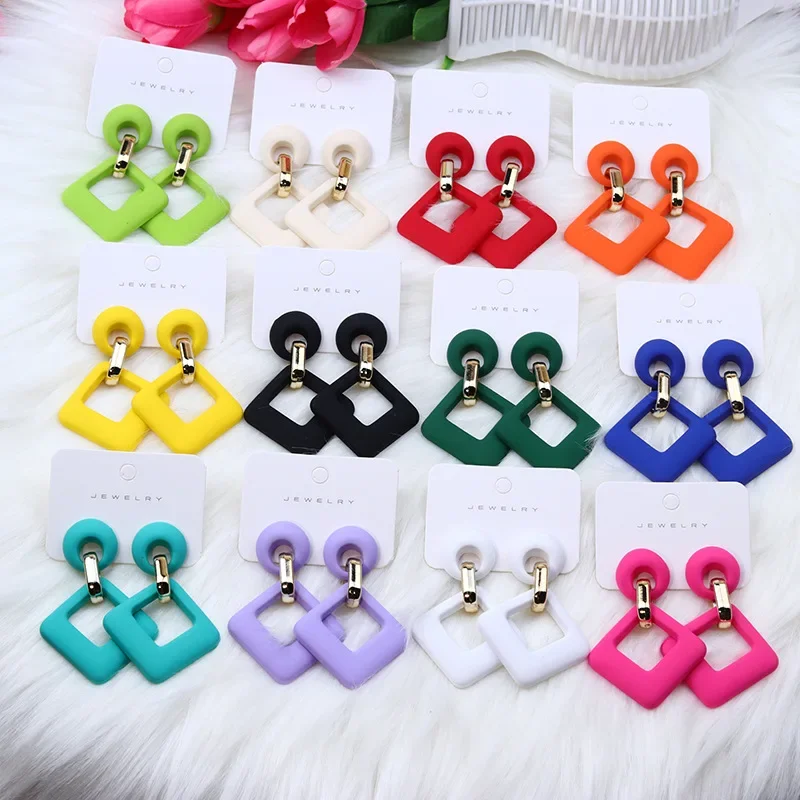 Trendy Geometric Large Acrylic Colorful Earrings for Women Sweet Hollow Square Long Drop Dangle Earrings Female Fashion Jewelry